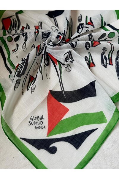 HURİSÖNMEZ Sumud Fleet Themed Palestinian Flag Girl's Scarf 80*80 cm Cotton-Linen