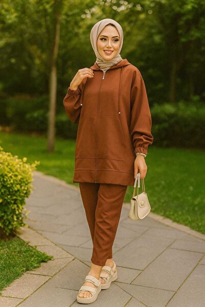 Neva Style Σετ με φερμουάρ Dark Tan Hijab Double Set 10400KTB
