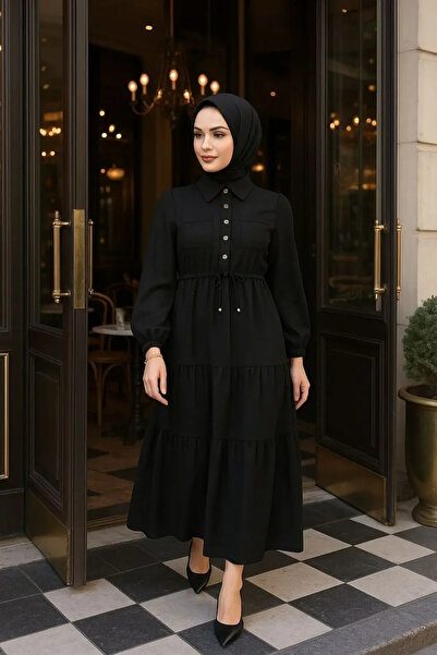 Neva Style Μαύρο φόρεμα με κουμπιά 5720S