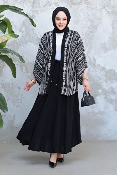 Neva Style Patterned Black Hijab Kimono Set with Double Skirt 12891S