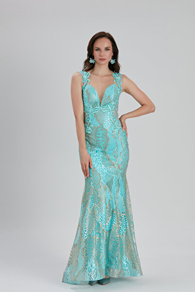 Neva Style Βραδινό φόρεμα με δαντέλα με λεπτομέρειες 7555MINT