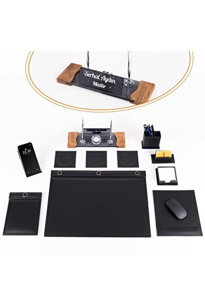 Ofistike Siyah 11 Parça Düğmeli Sümen Takımı Kabartma Ahşap Ayaklı Masa İsiml...