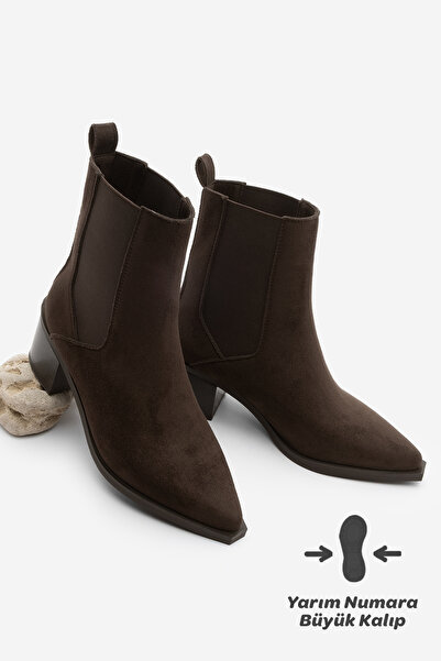 Marjin Women's Pointed Toe Chunky Heeled Double Elastic Bitter Brown Heeled Boots Ropes Brown Suede