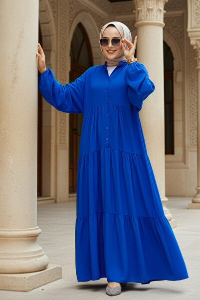 Neva Style Layered Pleated Sax Blue Hijab Dress 20612Sx