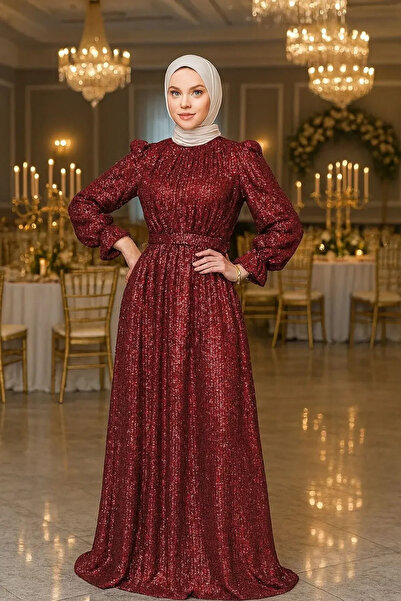 Neva Style Βραδινό φόρεμα με παγιέτες μπορντό Hijab 44961BR
