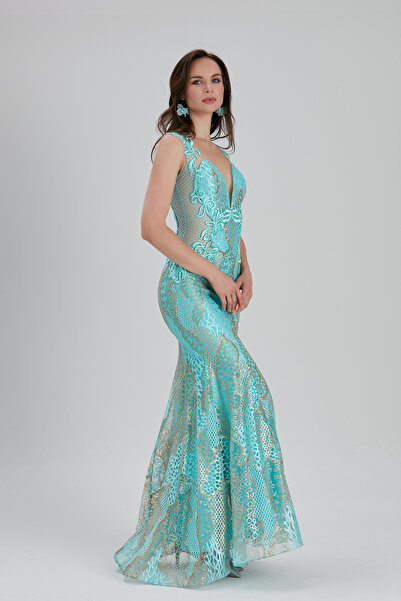 Neva Style Βραδινό φόρεμα με δαντέλα με λεπτομέρειες 7555MINT