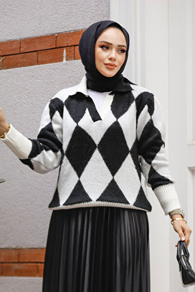 Neva Style Diamond Patterned Black Hijab Knitwear Tunic Sweater 121402 S