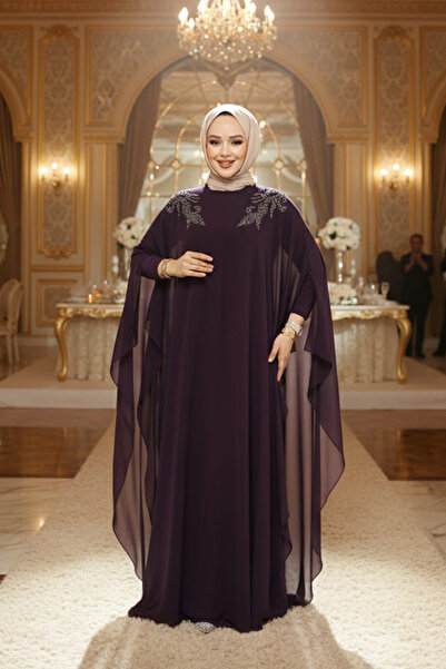 Neva Style Poncho Detailed Plum Hijab Abaya 25908Mu