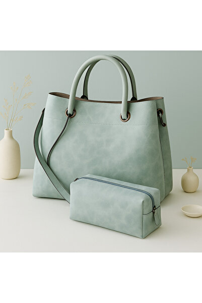 ŞIK VE MUTLU Turquoise Vegan Nubuck Leather Premium 2 Piece Hand Shoulder Bag