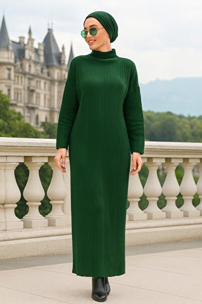 Neva Style High Neck Emerald Green Hijab Knitwear Dress 34150Zy