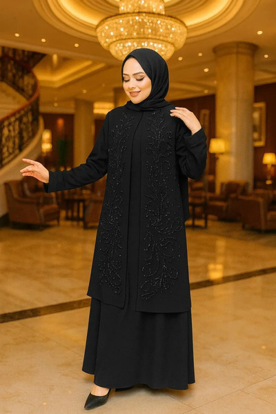 Neva Style Zippered Black Hijab Abaya 61361S
