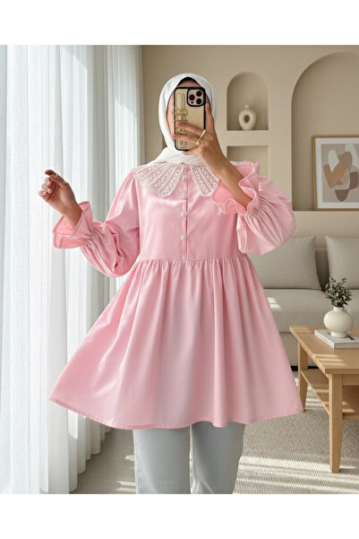 Modamorfo Organza Baby Collar Half Button Tunic with Elastic Sleeves - Pink