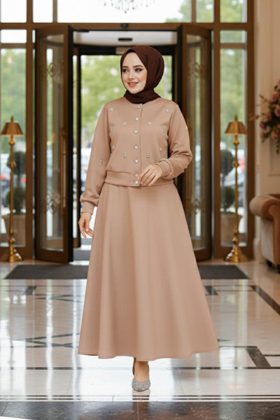 Neva Style Μπισκότο με χάντρες με λεπτομέρεια με μουσουλμανική φούστα Διπλό Σετ 1277BS