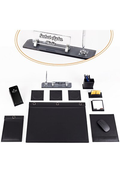 Ofistike Siyah 11 Parça Düğmeli Sümen Takımı Kalemli Kristal Masa İsimlik Lük...