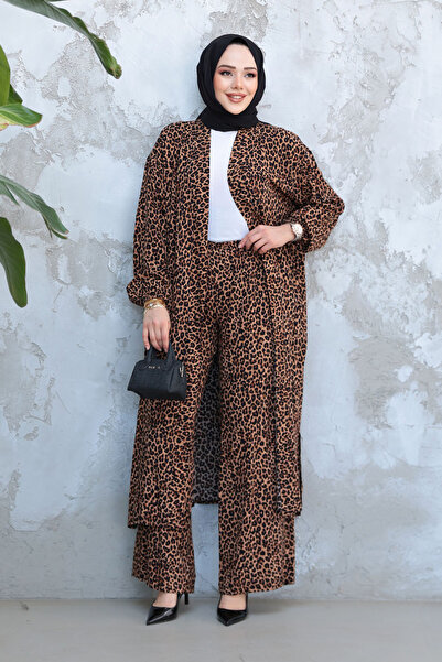 Neva Style Leopard Patterned Hijab Double Kimono Set 12882Lp