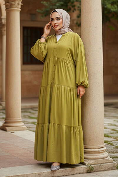Neva Style Oil Green Layered Pleated Hijab Dress - 20612Yy