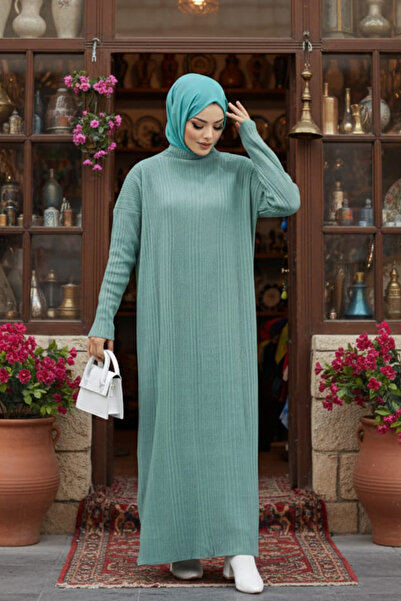 Neva Style High Neck Mint Hijab Knitwear Dress 34150Mint