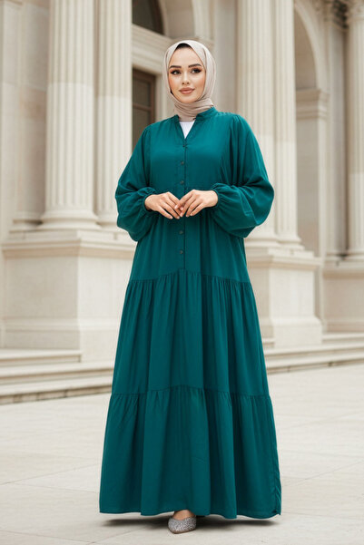 Neva Style Emerald Green Pleated Hijab Dress - 20612Zy