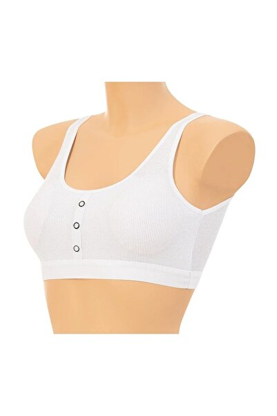 ACTRİS Ribbed Knit Buttons Padded Crop Sports Bustier White Thick Straps