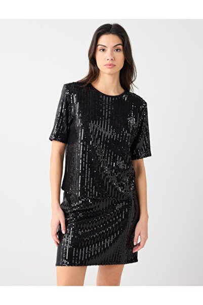 Jimmy Key Bluză neagră confortabilă croială cu gât rotund cu paiete din material subțire