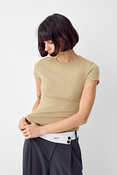 VODENS Μπεζ Ultra Soft 100% βαμβακερό κοντομάνικο κορμάκι με λαιμόκοψη