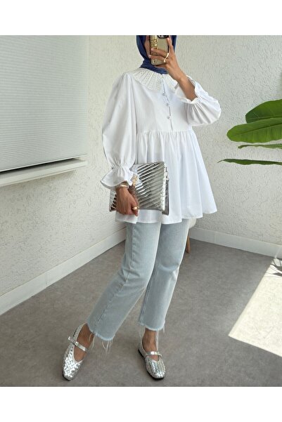 Modamorfo Organza Baby Collar Half Button Tunic with Elastic Sleeves - White