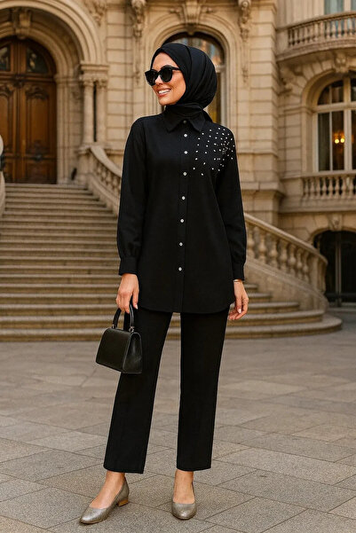 Neva Style Pearl Detailed Black Hijab Double Suit 12461S