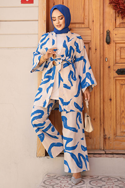 Neva Style Indigo Blue Patterned Hijab Kimono Set - 12123im