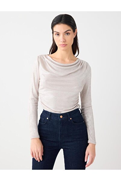 Jimmy Key Gray Draped Collar Long Sleeve Knitted Blouse