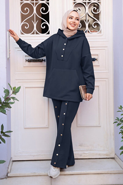 Neva Style Navy Blue Hooded Hijab Double Set - 12312L