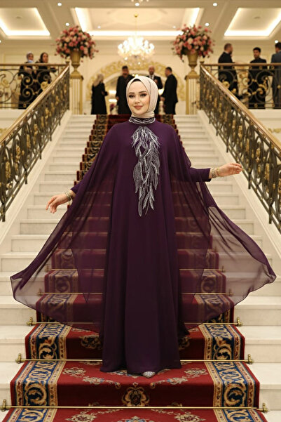 Neva Style Dark Purple Poncho Detailed Hijab Abaya 25914Kmor