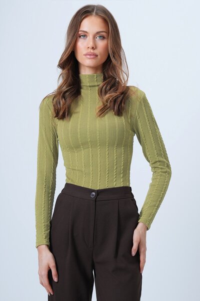 VAGGON Bluză din țesătură din tricotaje pentru femei, verde ulei guler ridicat tricotaj cu aspect dantelat material elastic Vs01317