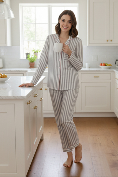 Bravie Luxury Viscose Gray Striped Women's Long Sleeve Pajama Set – 42547