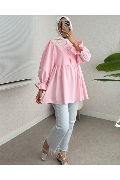 Modamorfo Organza Baby Collar Half Button Tunic with Elastic Sleeves - Pink