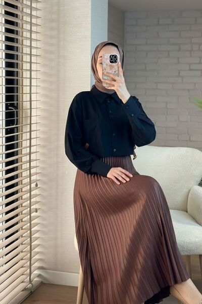 comstar Women's Stylish Pleated Long Skirt Brown