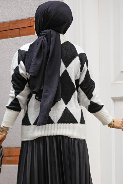 Neva Style Diamond Patterned Black Hijab Knitwear Tunic Sweater 121402 S
