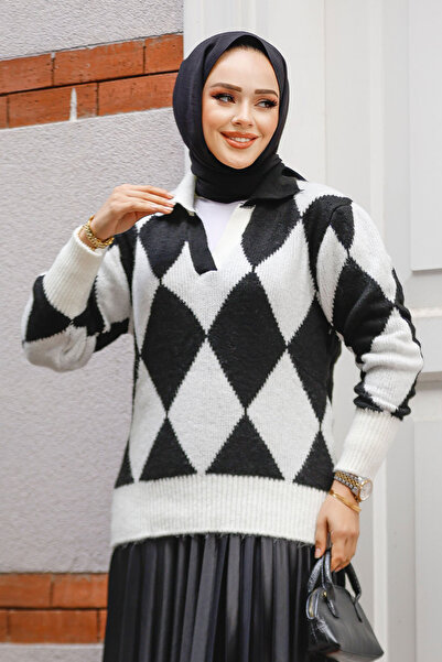 Neva Style Diamond Patterned Black Hijab Knitwear Tunic Sweater 121402 S