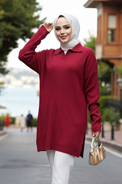 N.S NEVA STYLE Fitilli Bordo Tesettür Triko Tunik 65903BR