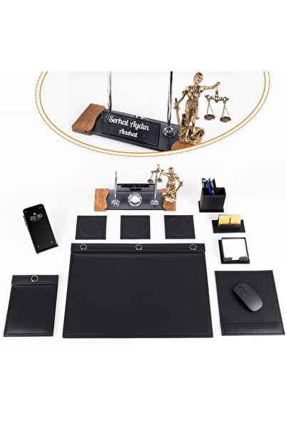 Ofistike Avukata Lüks Siyah Sümen Takımı Düğmeli ve Themis Heykelli Masa İsim...