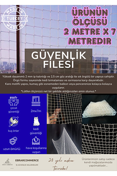 ebrarcommerce Balkon filesi 2mx 7 Metre kalın ve sık dokunmuş kedi çocuk filesi
