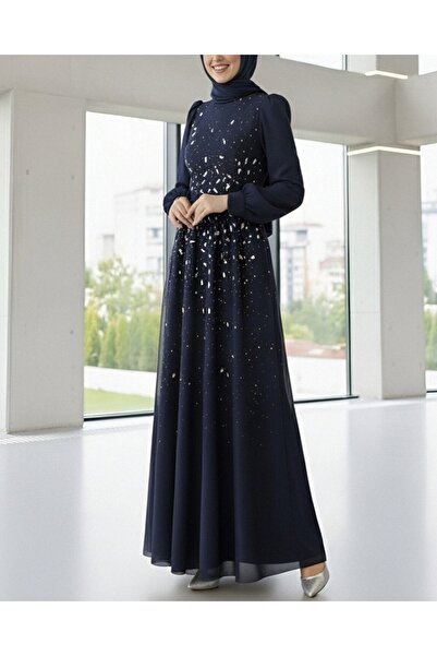 Modamorfo Lined Tulle Evening Dress with Stone Detail on the Front - Navy Blue