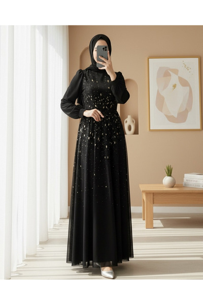 Modamorfo Lined Tulle Evening Dress with Stone Detail on the Front - Black