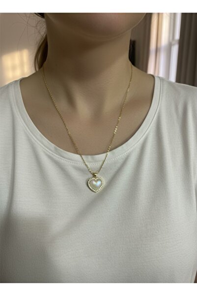 Kokoş Çelik kolye incili kalp ve taş detay