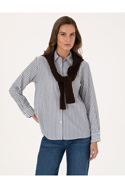 Pierre Cardin Navy Blue Striped Comfort Fit Long Sleeve Shirt 50318226-Vr033