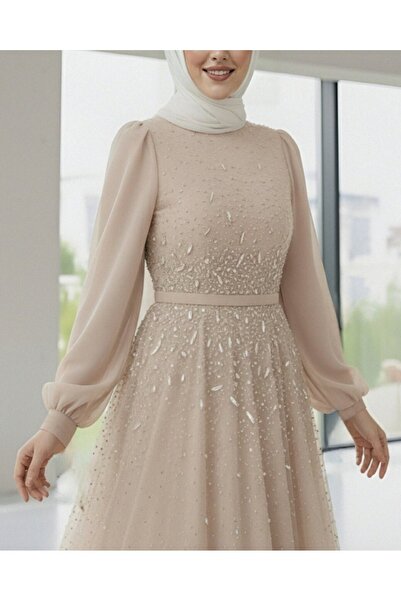 Modamorfo Lined Tulle Evening Dress with Stone Detail on the Front - Beige