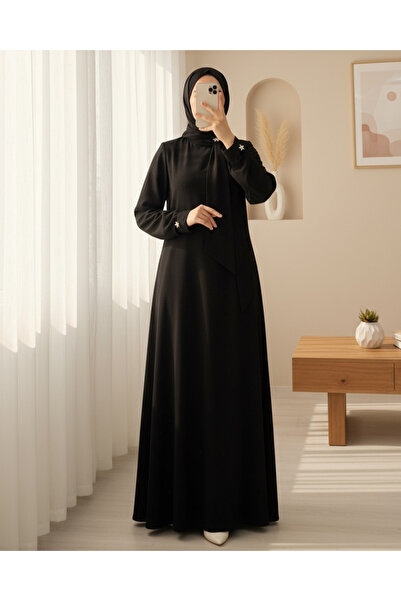 Modamorfo Crepe Dress with Scarf Collar, Brooch Detail and Sleeve Lacing - Black