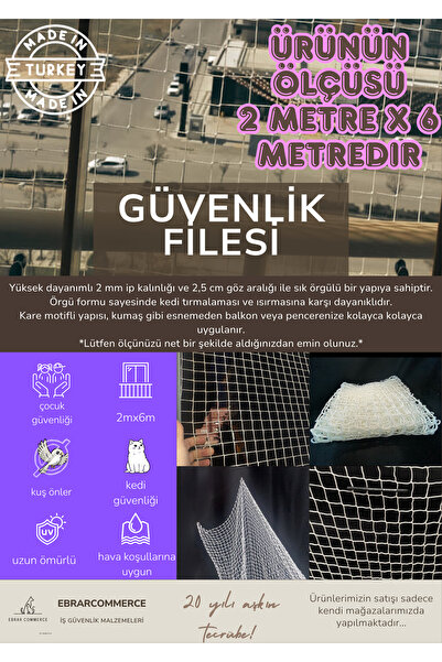 ebrarcommerce Balkon filesi 2mx 6 Metre kalın ve sık dokunmuş kedi çocuk filesi