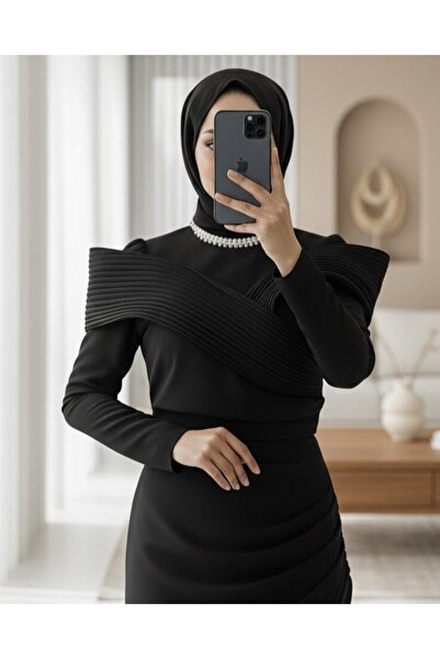 Modamorfo Evening Dress with Stone Detail on the Collar and Draped Shoulders - Black