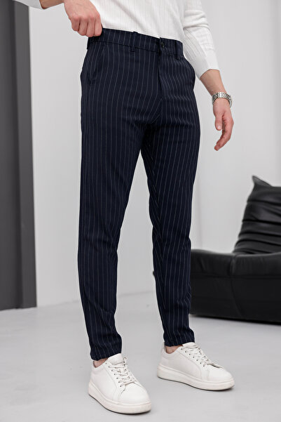 MODAMESTO Erkek Lacivert Çizgili Slim Fit Kumaş Pantolon