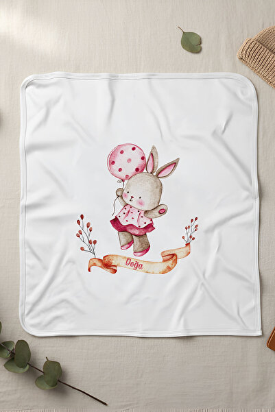 Homamia İsme Özel Penye Bebek Battaniyesi Balonlu Tavşan